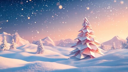 Origami-style Christmas tree in snowy landscape with starry sky and falling snowflakes. Digital art illustration for holiday design. Winter celebration concept.