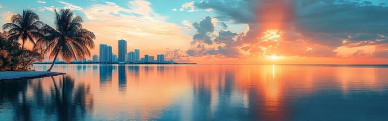 Fototapeta premium A panoramic view of a Miami sunrise over the bay, with vibrant colors reflecting on the water.