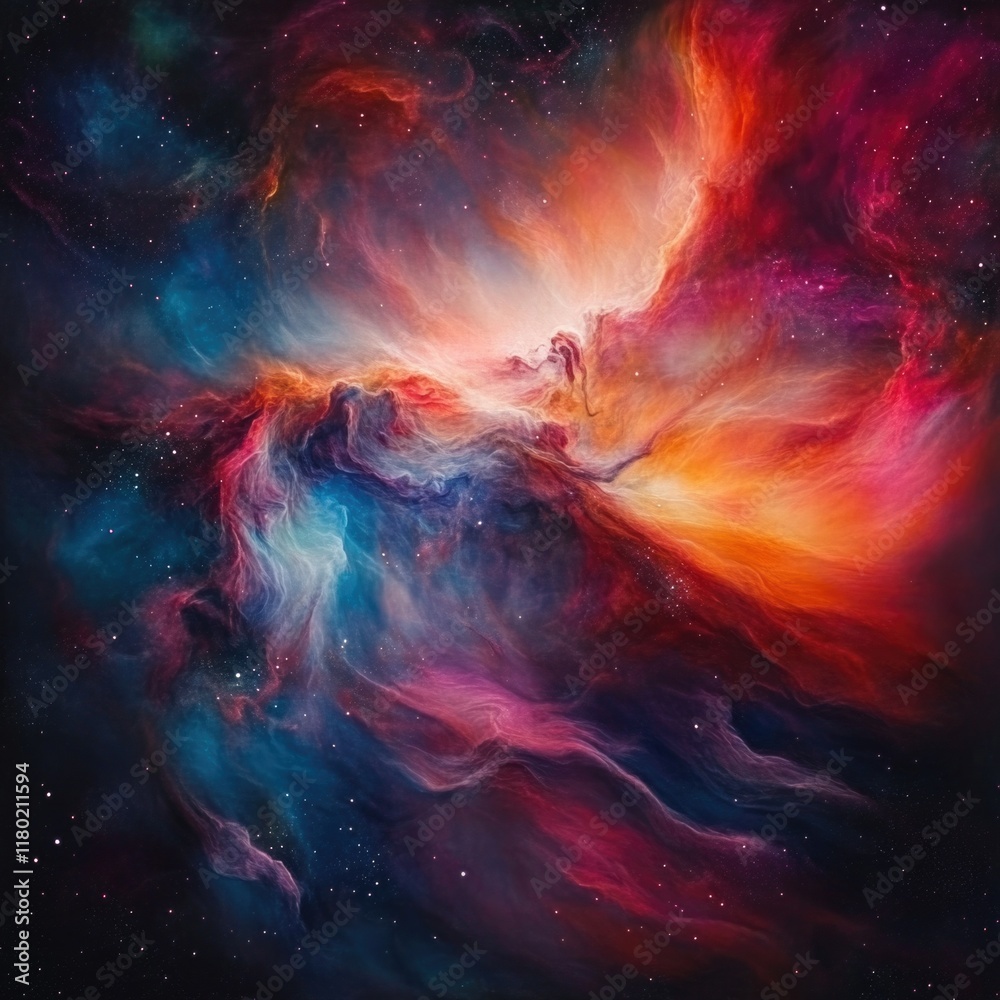 Poster A vibrant and detailed depiction of a nebula with stars shining bright in the background, perfect for use in astronomy-related projects or as a beautiful background image