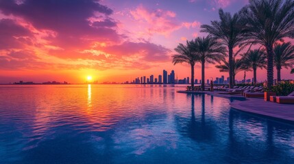 A panoramic view of a Miami sunrise over the bay, with vibrant colors reflecting on the water.