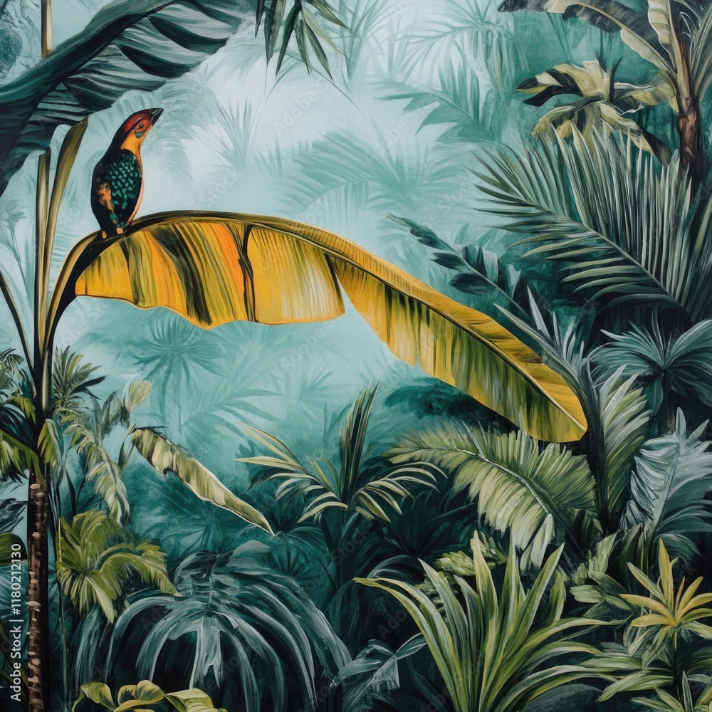 Poster a colorful image of a bird perched on a banana tree branch, with lush green leaves and yellow banana