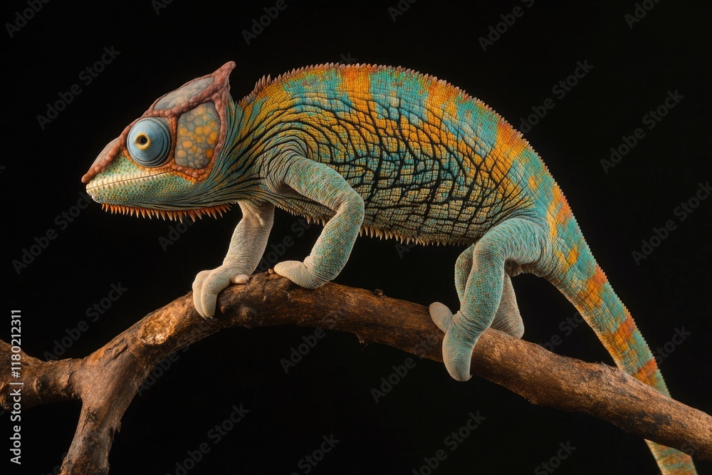 Poster a blue and orange chameleon sits calmly on a branch, perfect for use in nature-inspired designs or a