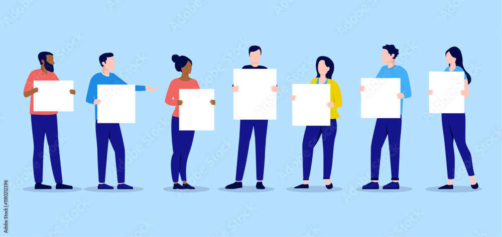 Poster People holding blank posters or signs - Set of vector characters with white sign placards in hands. Template to insert your own message vector illustration