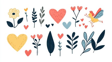   Bunch of flowers and hearts on a white background with 'Love' in the center