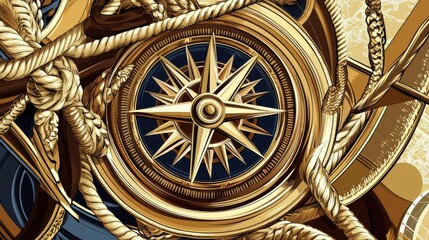 Obraz premium Golden Compass and Nautical Ropework: A Detailed Architectural Design