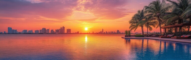 Fototapeta premium A panoramic view of a Miami sunrise over the bay, with vibrant colors reflecting on the water.