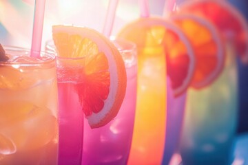 A row of glasses filled with different colored drinks