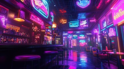 Vibrant Neon Nightlife Scene with Bar and Colorful Lights