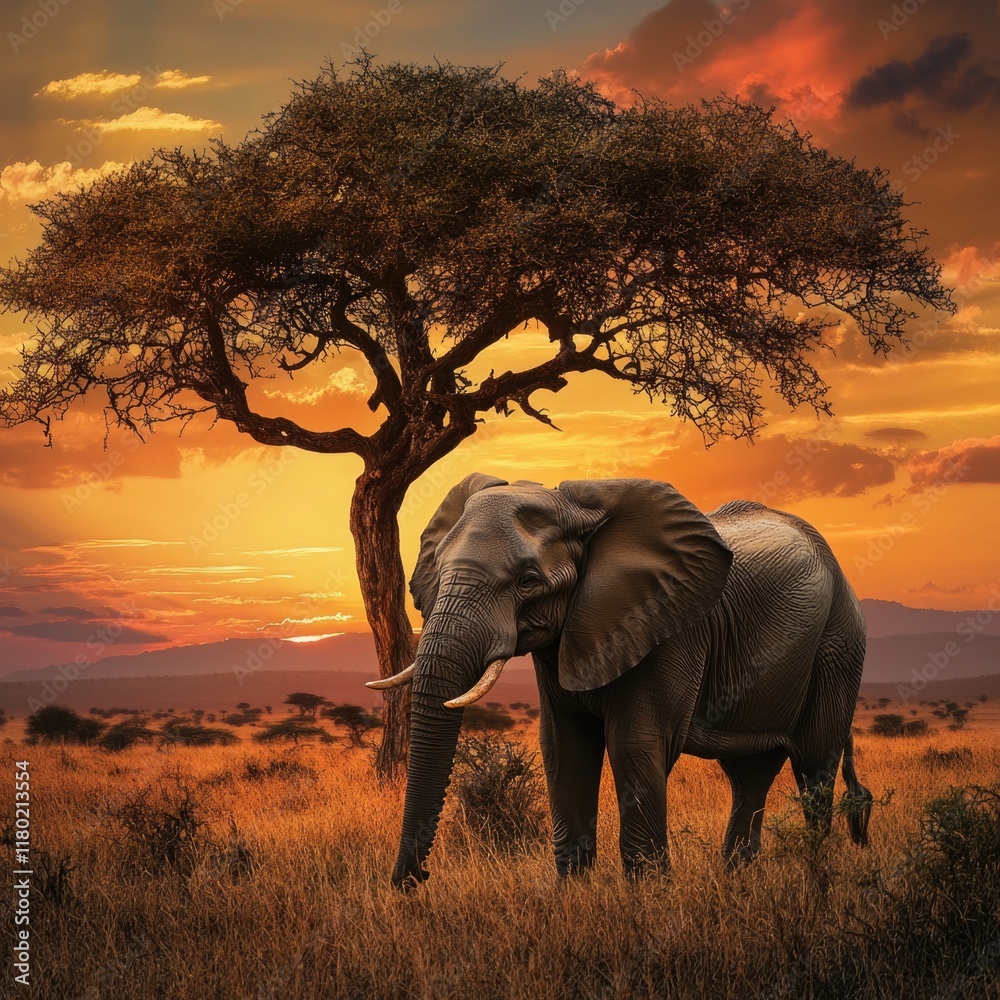 Poster An elephant stands next to a tree in a natural setting