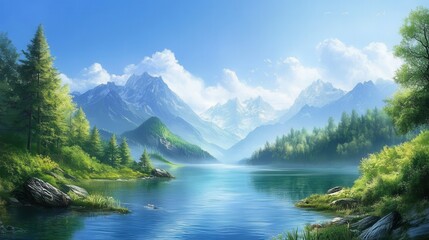 Serene Mountain Landscape with Tranquil Lake and Lush Greenery