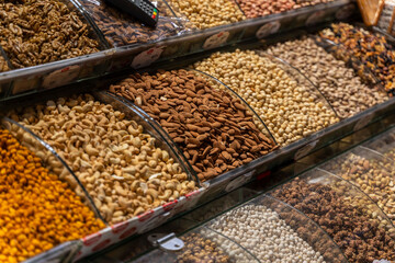 Many kinds of nuts on sale at a Turkish bazaar (Mısır Çarşısı, Egyptian Bazaar, Istanbul)