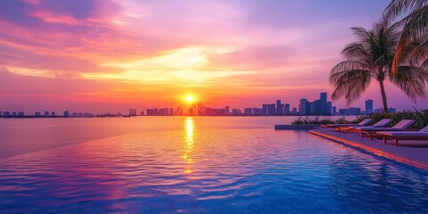 A panoramic view of a Miami sunrise over the bay, with vibrant colors reflecting on the water.