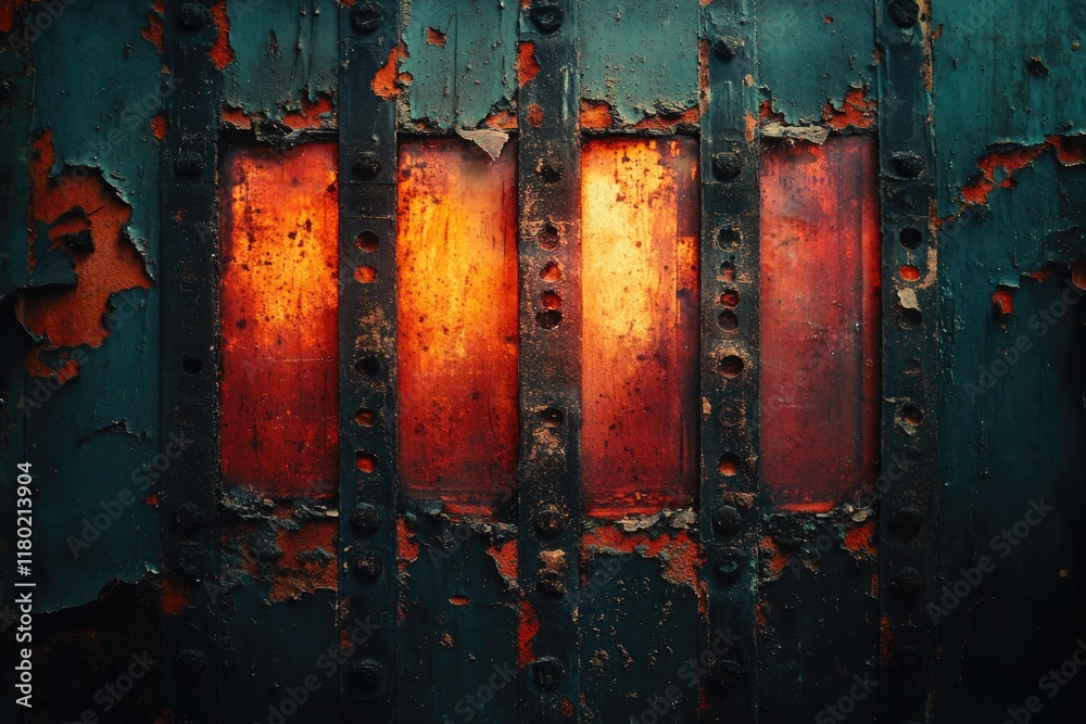 Poster a rusty metal door with a beam of light shining through, suggesting something hidden or mysterious i