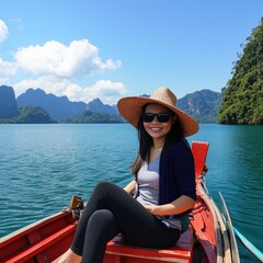 Fototapeta premium A woman sits peacefully in a boat on a serene lake