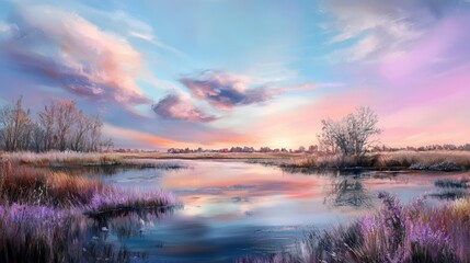 Fototapeta premium Pastel Harmony, a serene blend of peach, lavender, and soft blue, showcasing smooth brush strokes and intricate details, evoking tranquility and warmth.