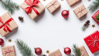Christmas and New Year holiday background. Christmas greeting card on white background top view