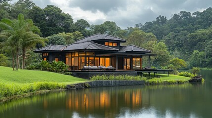 Obraz premium Nestled by a peaceful lake, this stylish bungalow offers a serene escape. Enjoy the calming views and embrace the slow lifestyle for a restorative getaway amidst nature