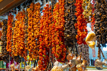Dried eggplants and peppers hanging on a turkish market booth (Mısır Çarşısı, Egyptian Bazaar, Istanbul)