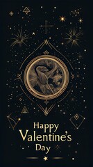 Naklejka premium Happy Valentine's Day Tarot Card Design - Gold on Dark Red Background in Vintage Gothic Style