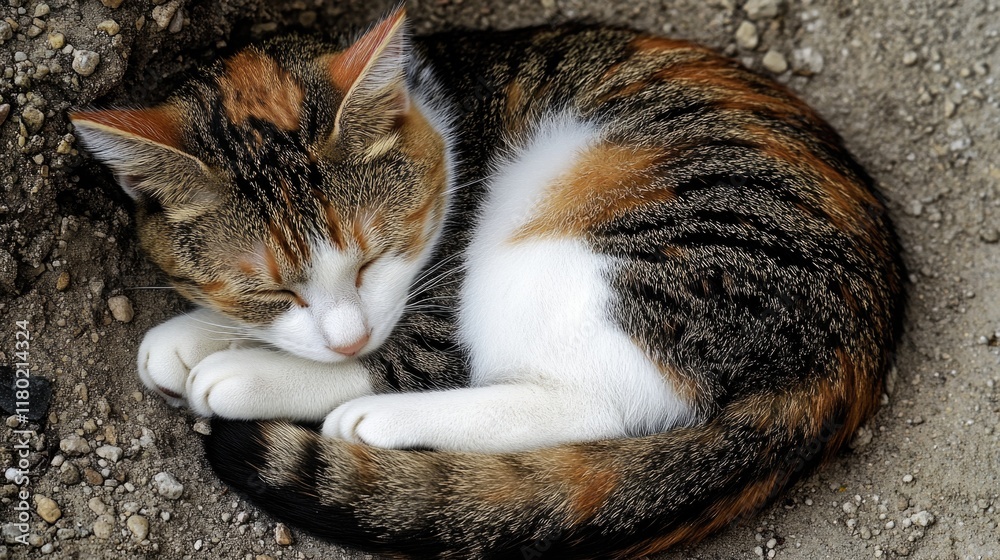 Poster a cat is curled up and sleeping on the ground