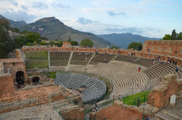 Ancient Theatre – Teatro Antico di Taormina, Sicily, Italy, the most important monument. Carved...