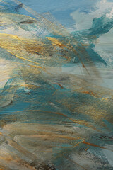 Art oil, Acrylic smear brush stroke blot painting wall. Abstract texture blue, gold color stain background.