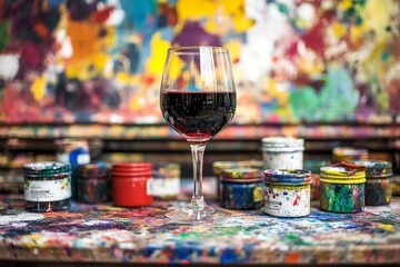 In a colorful art studio filled with splashes of paint, a glass of red wine stands elegant amidst...