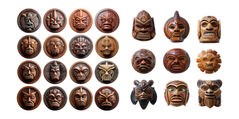 Collection of Artistic Wooden Masks with Diverse Cultural Designs