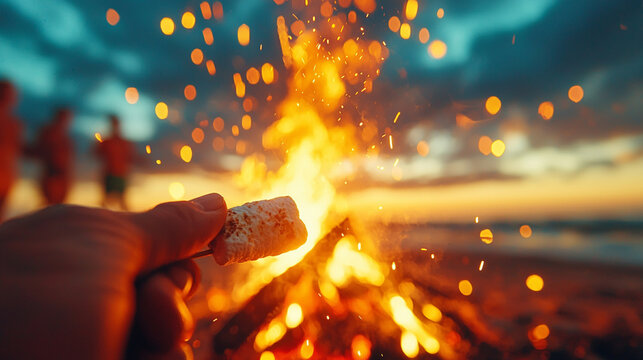 Roasting marshmallows by a beach bonfire at sunset with warm glow and sparks