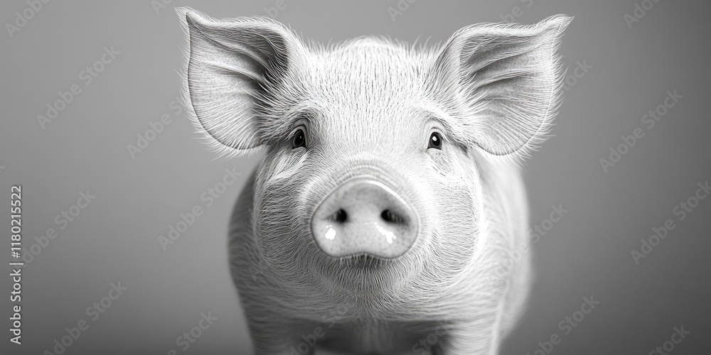 Poster a close-up shot of a pig's face in monochrome tones, suitable for editorial or educational use