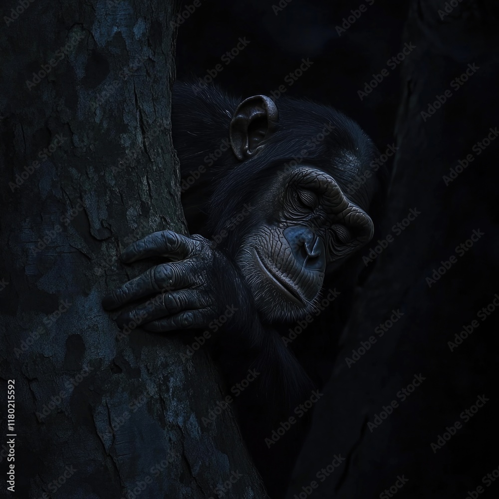 Poster a close-up view of a monkey's face on a tree, great for nature and wildlife photography