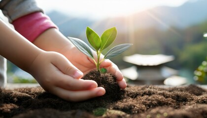 Scene with sprout growing in child's hand