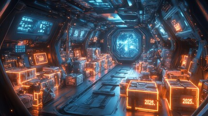 Futuristic Spaceship Cargo Hold Glowing 2025 Gift Crates