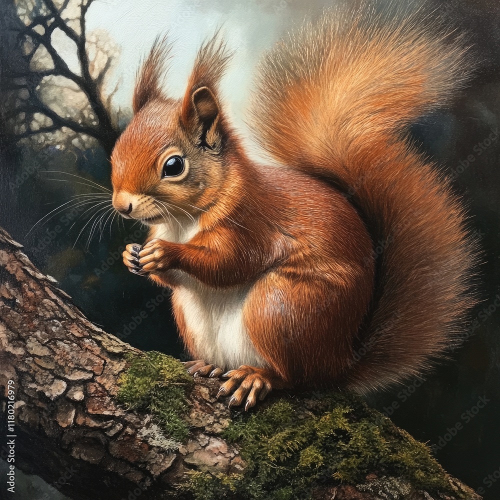 Poster a squirrel perched on a tree branch, looking around
