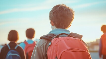 Fototapeta premium A group of children with backpacks walk towards the sunrise, symbolizing the start of a new school day and youthful adventure.
