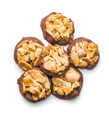 Photography of chocolate Florentines cookies with almonds and chocolate isolated on white background.