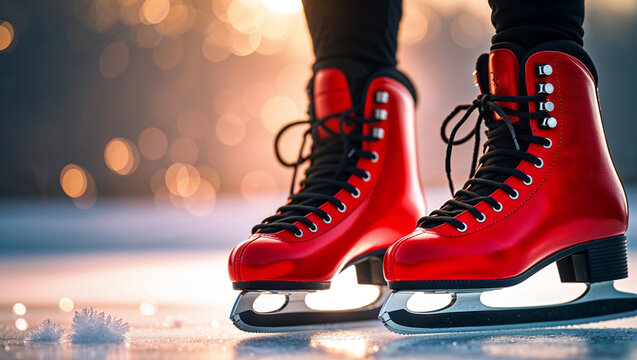 Ice skater glides gracefully on frozen lake with vibrant red skates at sunset