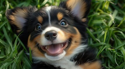 A dog lying down on lush green grass with its mouth open, ready for a nap