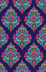 A vibrant, symmetrical floral pattern with colorful flowers and leaves arranged in diamond shapes on a dark background.