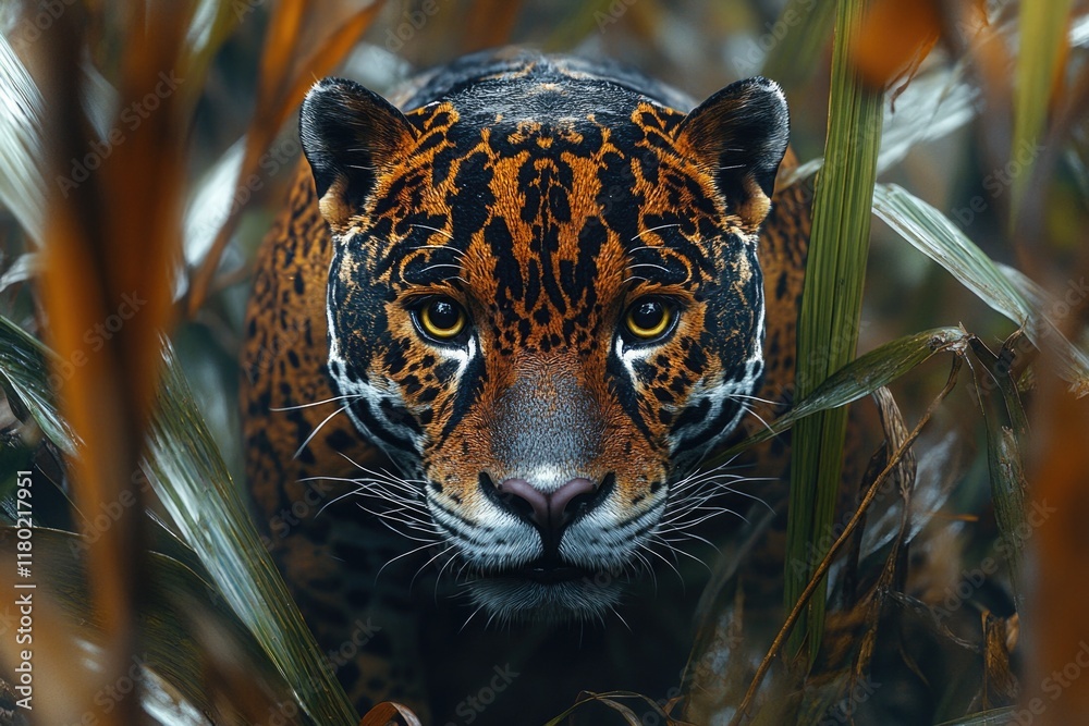 Poster a close-up shot of a leopard hiding in tall grass, looking directly at the camera