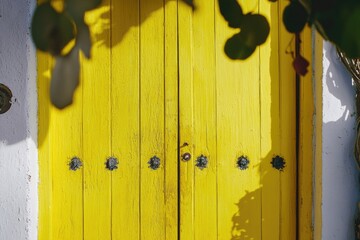 A yellow door with various knobs, perfect for use in illustrations about technology, innovation, or creative processes