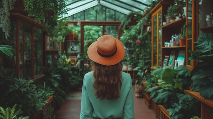 Fototapeta premium Exploring eco-friendly clothing options inside a lush greenhouse filled with greenery and plants