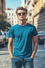 A young man stands confidently on a city street, wearing a blue color T-shirt mockup and sunglasses. He has a casual yet stylish look, with hands in pockets, surrounded by urban architecture.