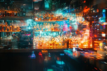 Fototapeta premium A lively bar is filled with an array of glowing bottles, radiating colors from pulsating lights. The atmosphere buzzes with energy, perfect for evening socializing