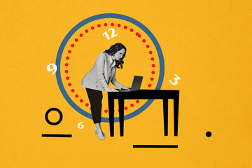 Composite creative art collage of puzzled old businesswoman freelancer browsing laptop alarm deadline clock isolated on painted background