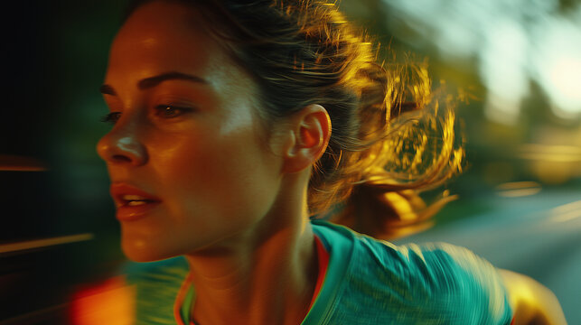 Subject engages in a spirited run in athletic gear during a vibrant evening in the park