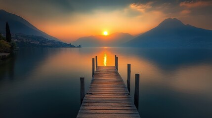 Obraz premium Breathtaking sunset over tranquil lake with wooden pier at dusk