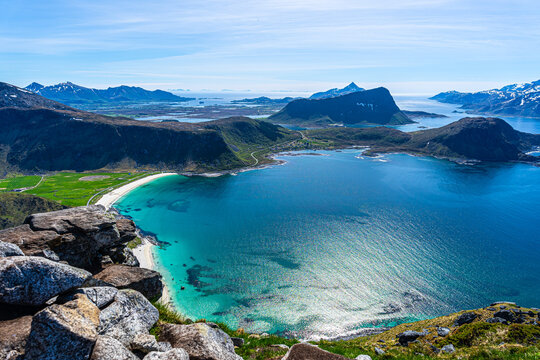 Mannen peak overlooking Haukland Beach, Lofoten Islands, Norway