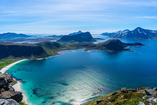 Mannen peak overlooking Haukland Beach, Lofoten Islands, Norway