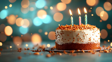 Festive birthday cake with three lit candles and sprinkles on blue bokeh background